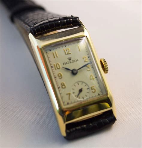 rolex men's rectangular watch in gold plated case from 1930|Rolex wrist watch 1930s.